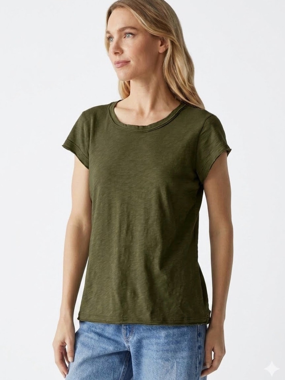 Michael Stars Olive Green Cap Short Sleeve Cotton Blend Slub Style Crew Tee OS